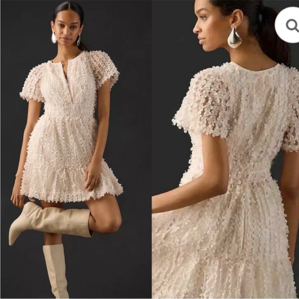 Anthropologie Ivory Textured Floral Mini Dress